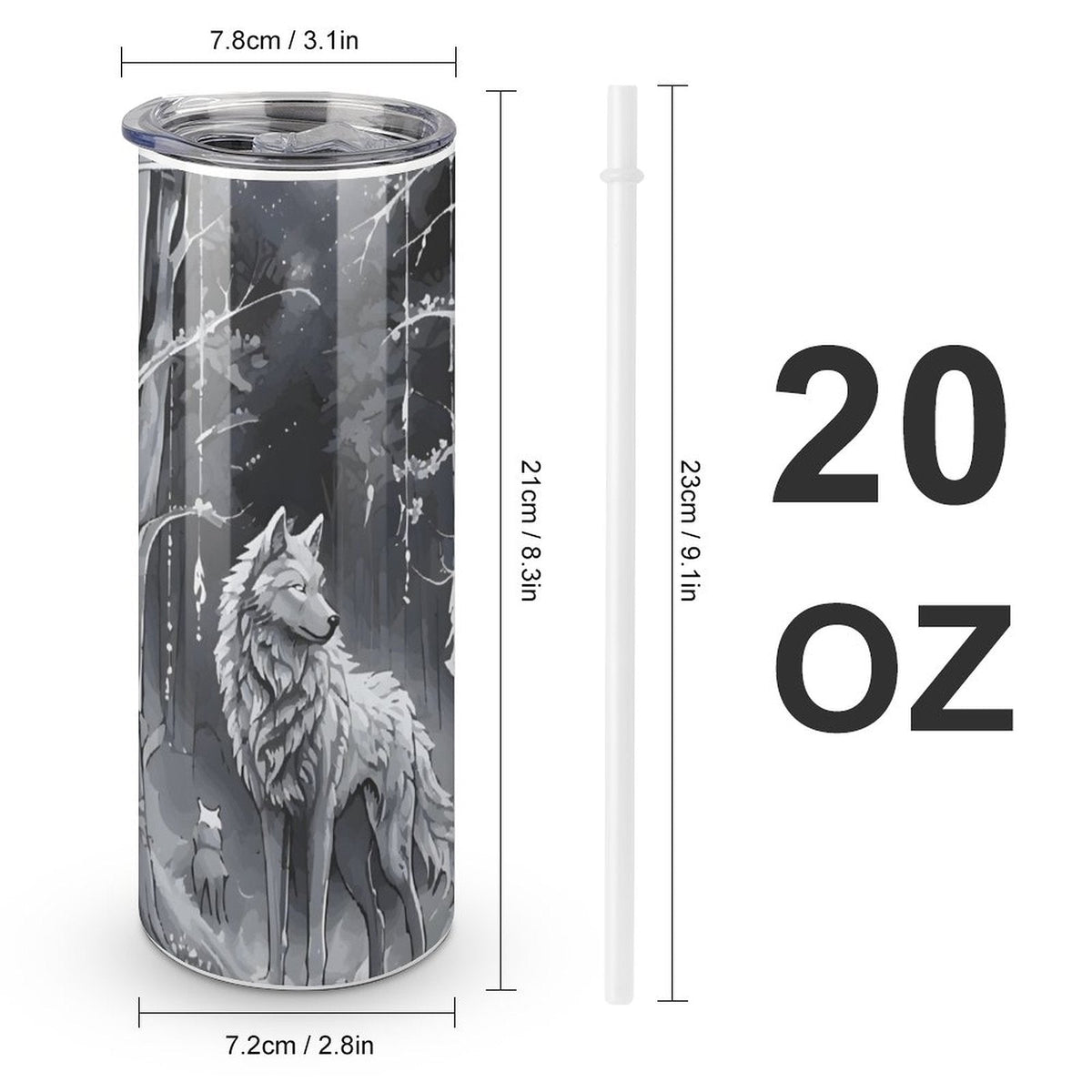 Ethereal Wolf in the Moonlight 20oz Stainless Steel Skinny Tumbler With Lid