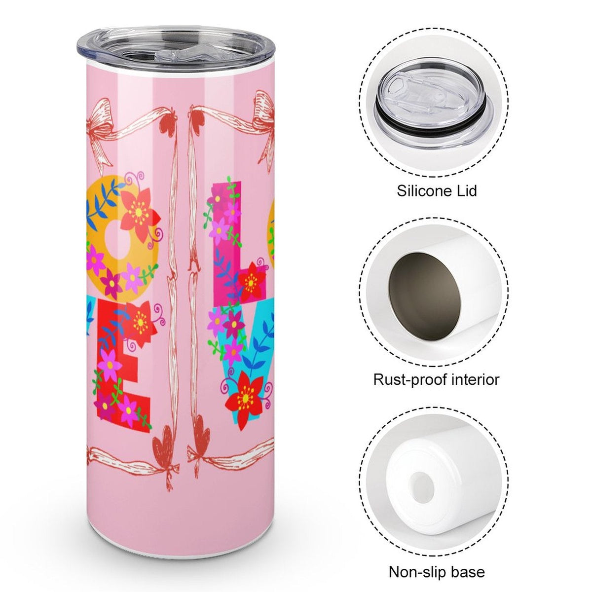 Floral LOVE Pink 20oz Skinny Stainless Steel Straight Tumbler with Lid