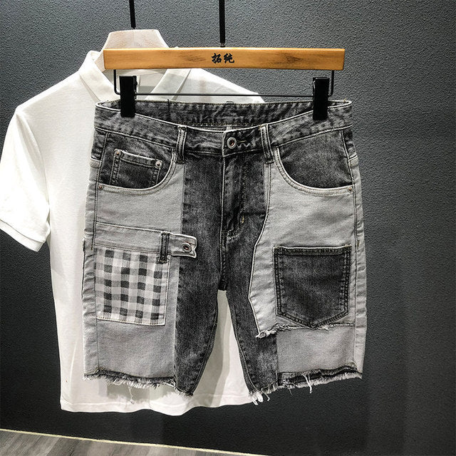 Summer Gray Denim Patchwork Plaid Hip-Hop Shorts