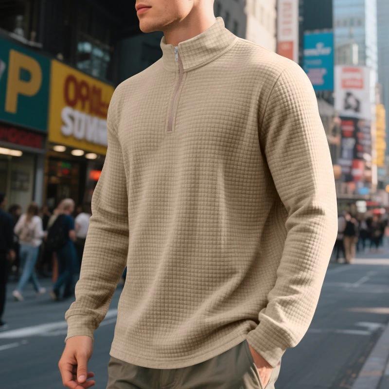 Men's Stand Collar Half Zip Small Plaid Sweater