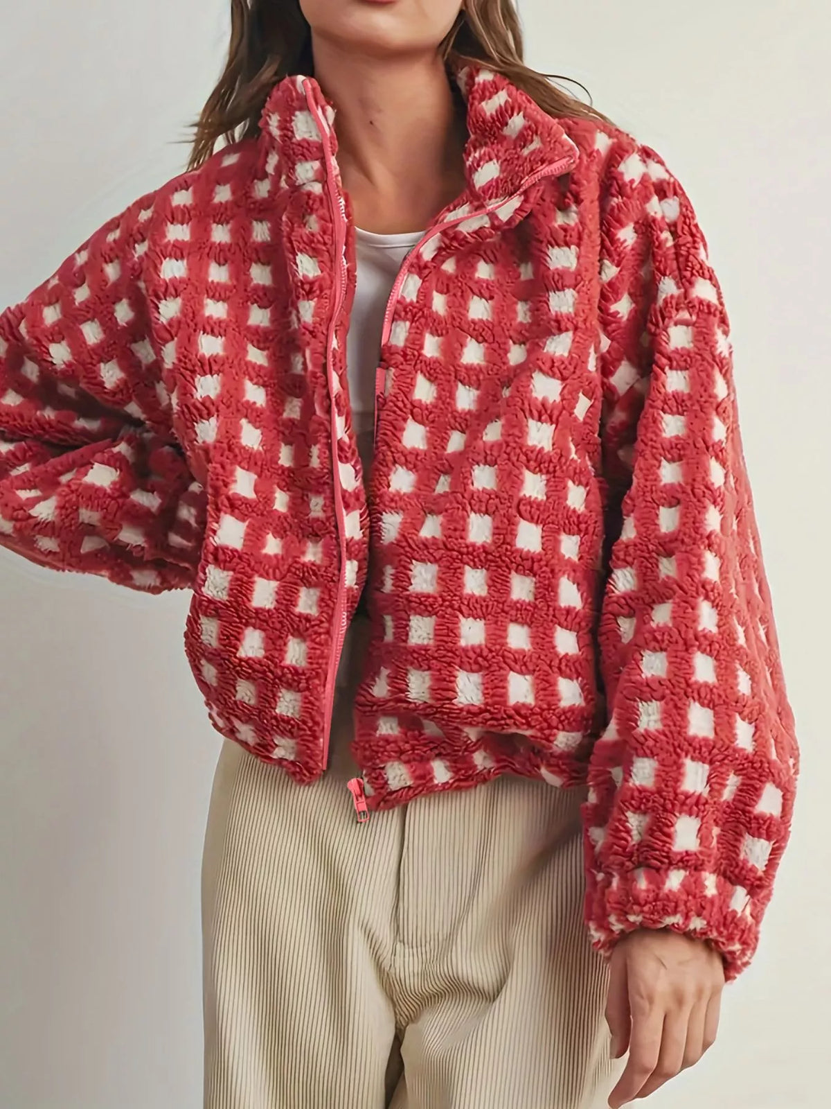 Plaid Zip Up Sherpa Jacket