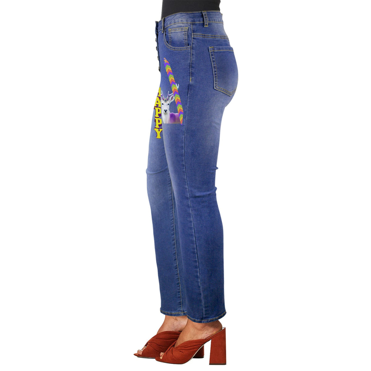 Women's Happy Deer Decorated Design Jeans with Front Printing