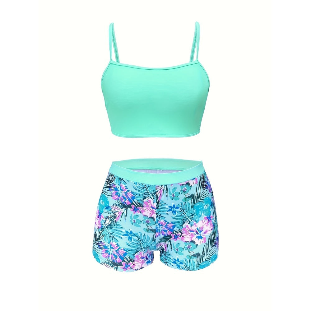 Traje de baño de tres piezas con bikini de talle alto y estampado adelgazante
