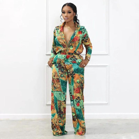 Traje de dos piezas para mujer con cuello en V y estampado digital de moda casual