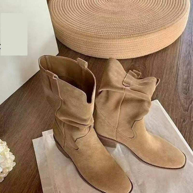 Botines plisados de piel de vaca para mujer, estilo occidental de otoño