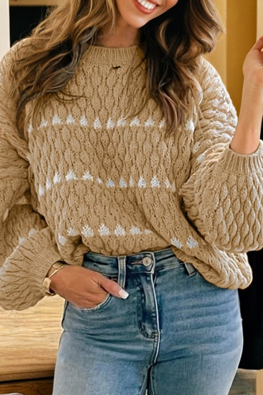 Colorblock Textured Knit Puff Sleeve Sweater