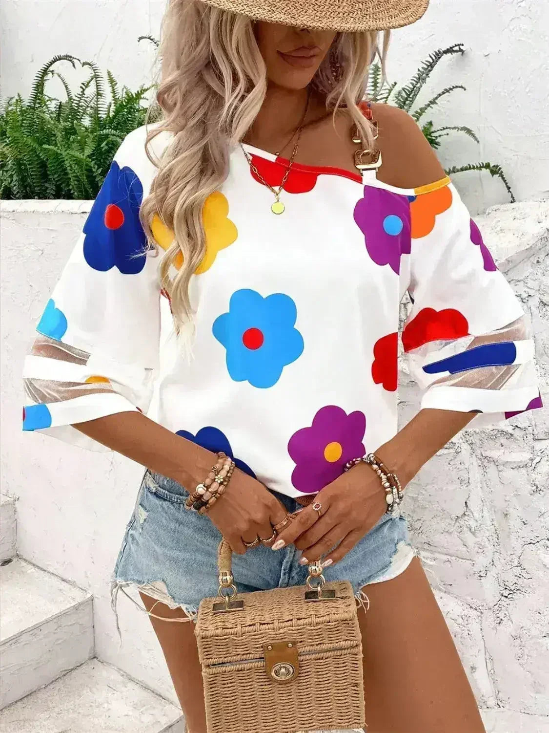 White Color Flower Asymmetrical Neck Blouse | Femstylo