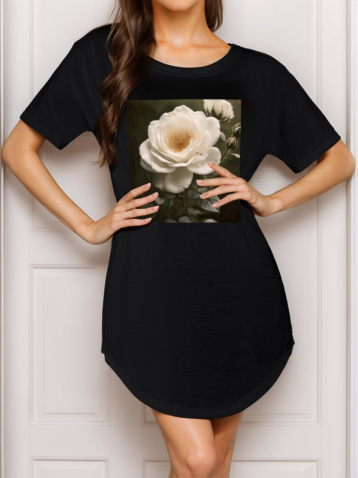 White Rose T-Shirt Dress Nightgown for Women (Front Printing)