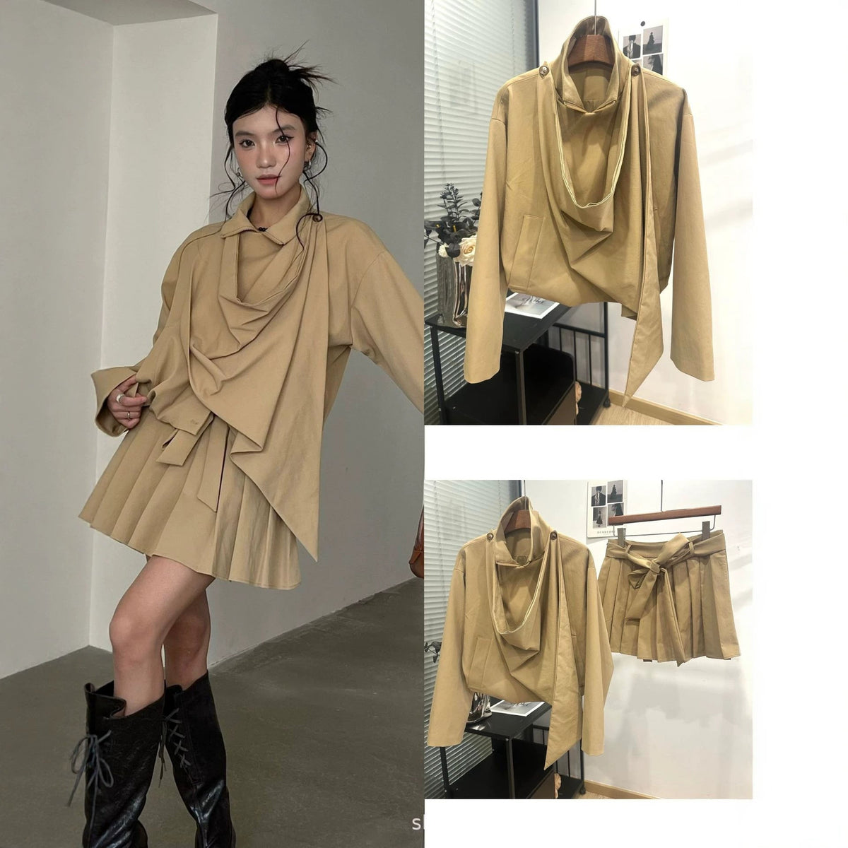 Street-style Autumn British Minimalist Commuter Set Stand-collar Trench Coat And Shorts
