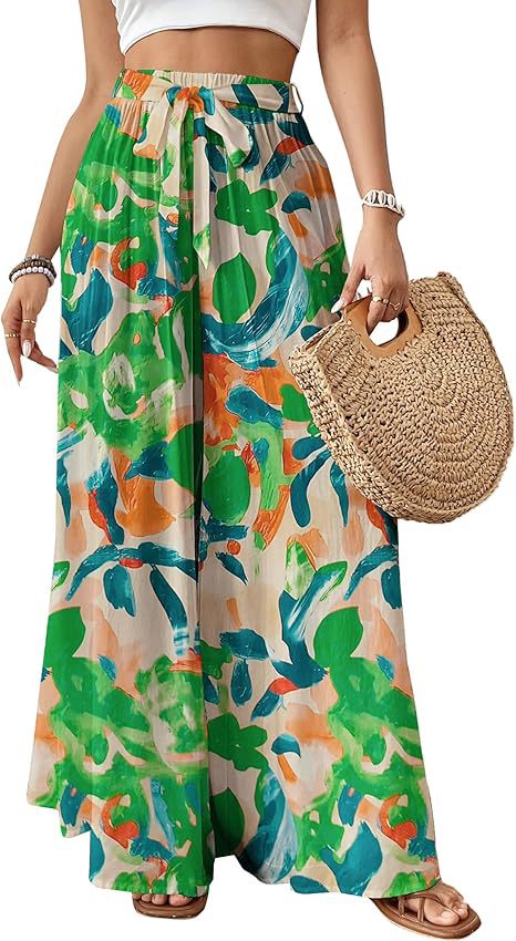 Women's Tropical Design Flowing Wide Leg Summer Pants