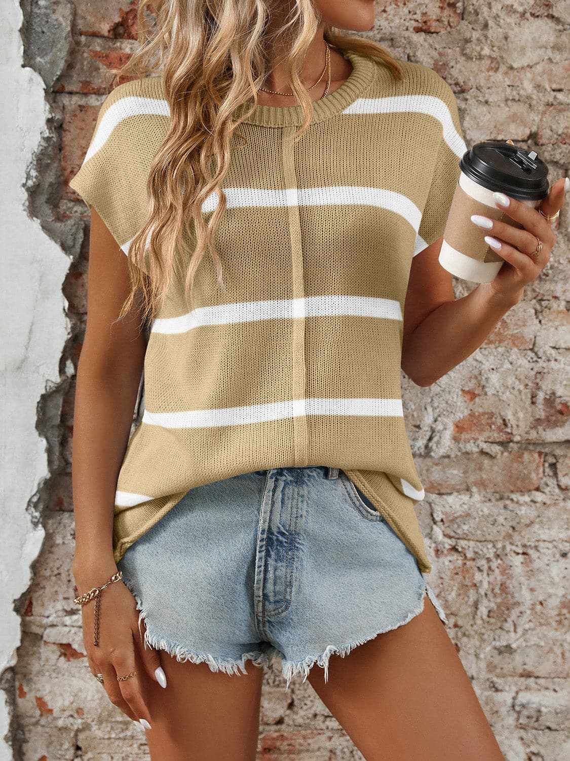 Sweaters Trendsi Chic striped knit top - round neck, short sleeves