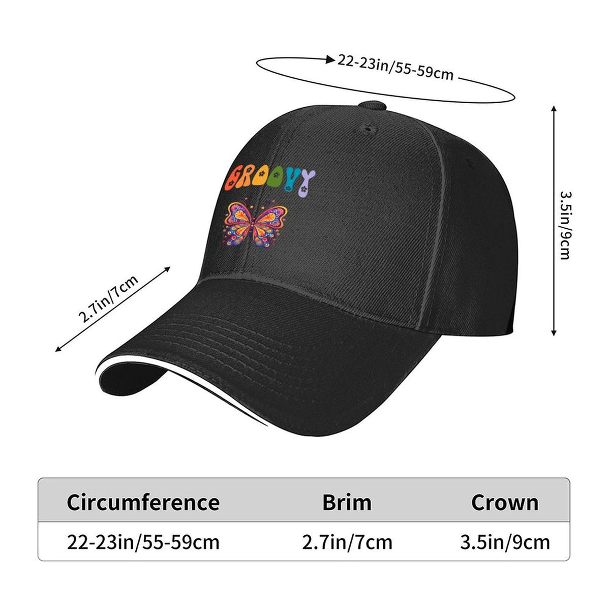 Groovy Butterfly Black Sandwich Visor Baseball Cap (Made in USA)