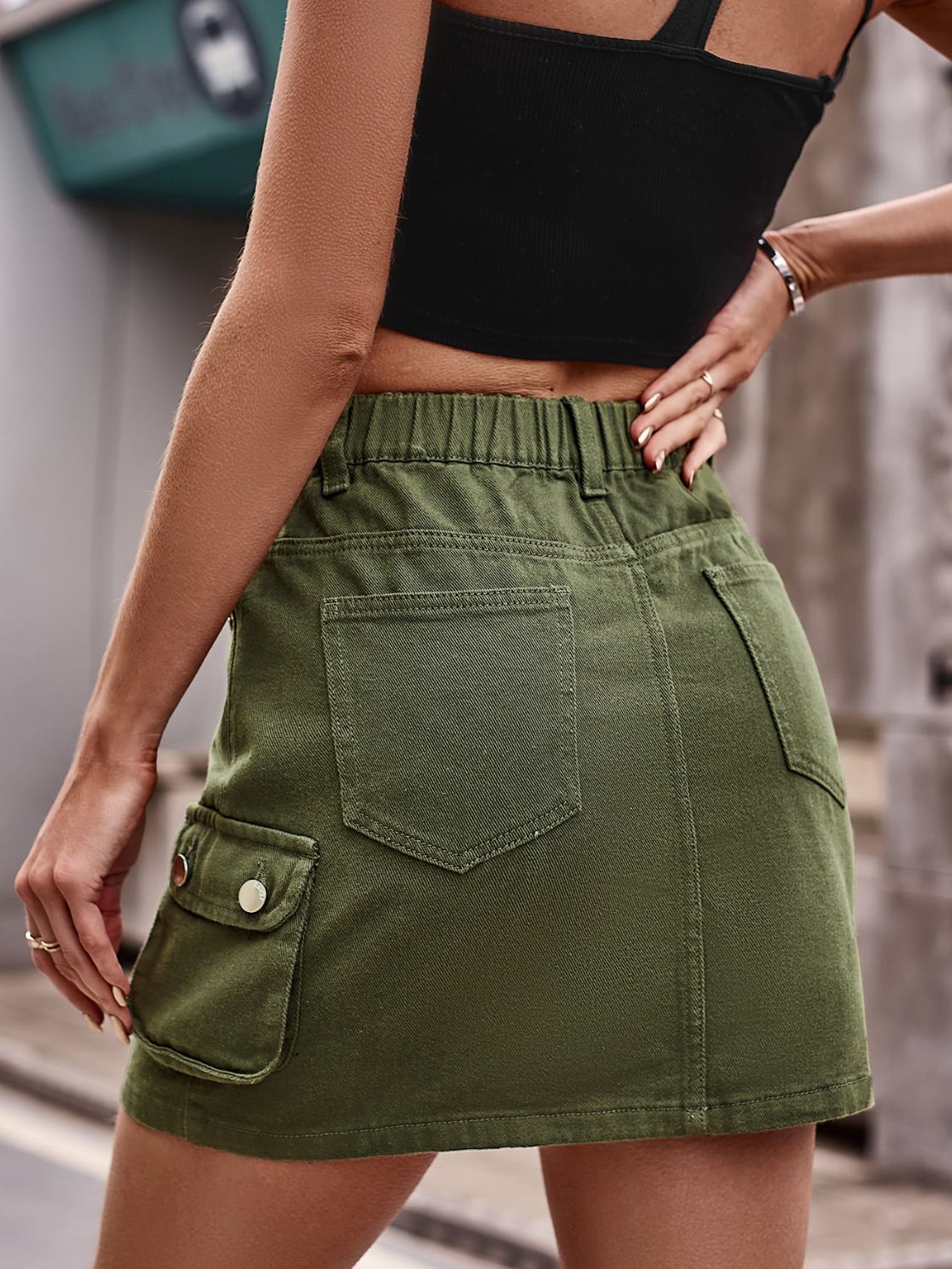 Denim Mini Skirt with Pockets See size chart under “more details”
