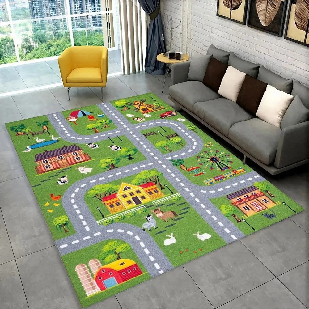 Fun Racing Track Flannel Floor Mat Non-Slip Home Decor Rug For Kids Rooms And Play Areas