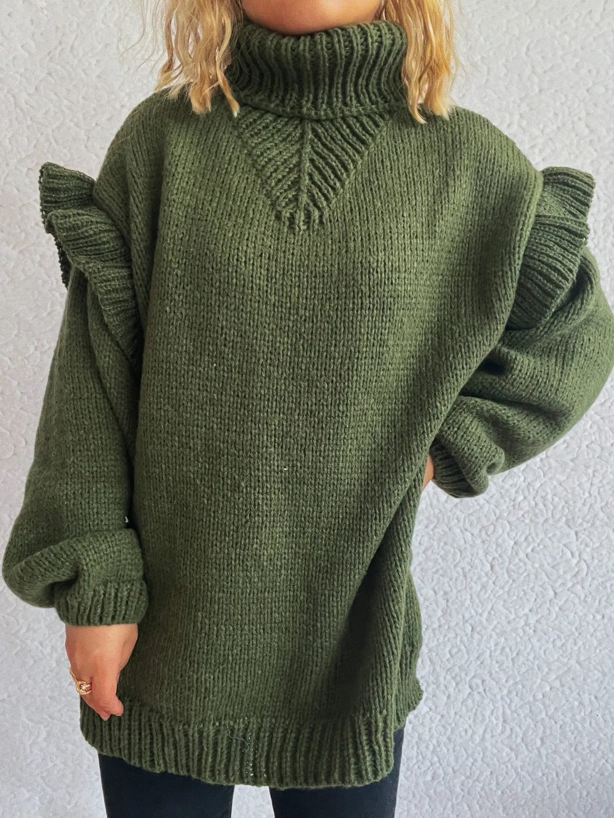 Ruffled Turtleneck Long Sleeve Sweater