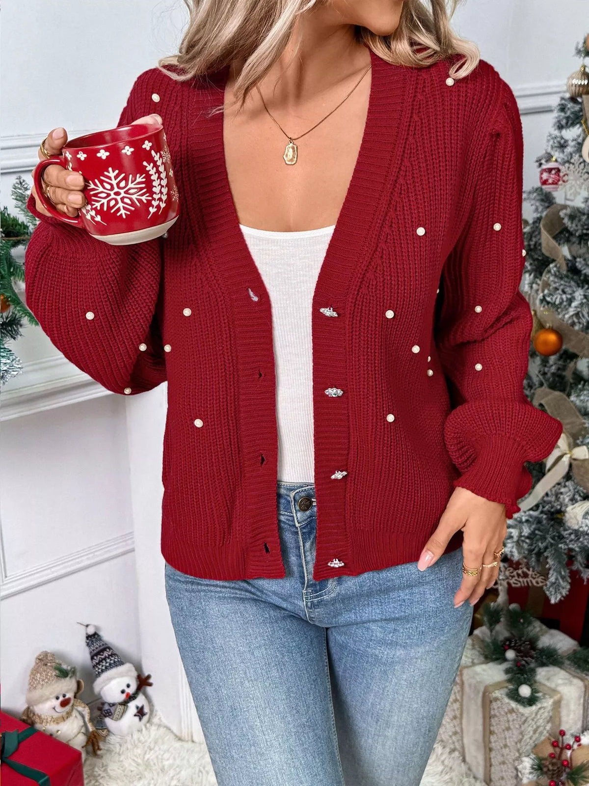 Pearl Embellished Button Up Cardigan