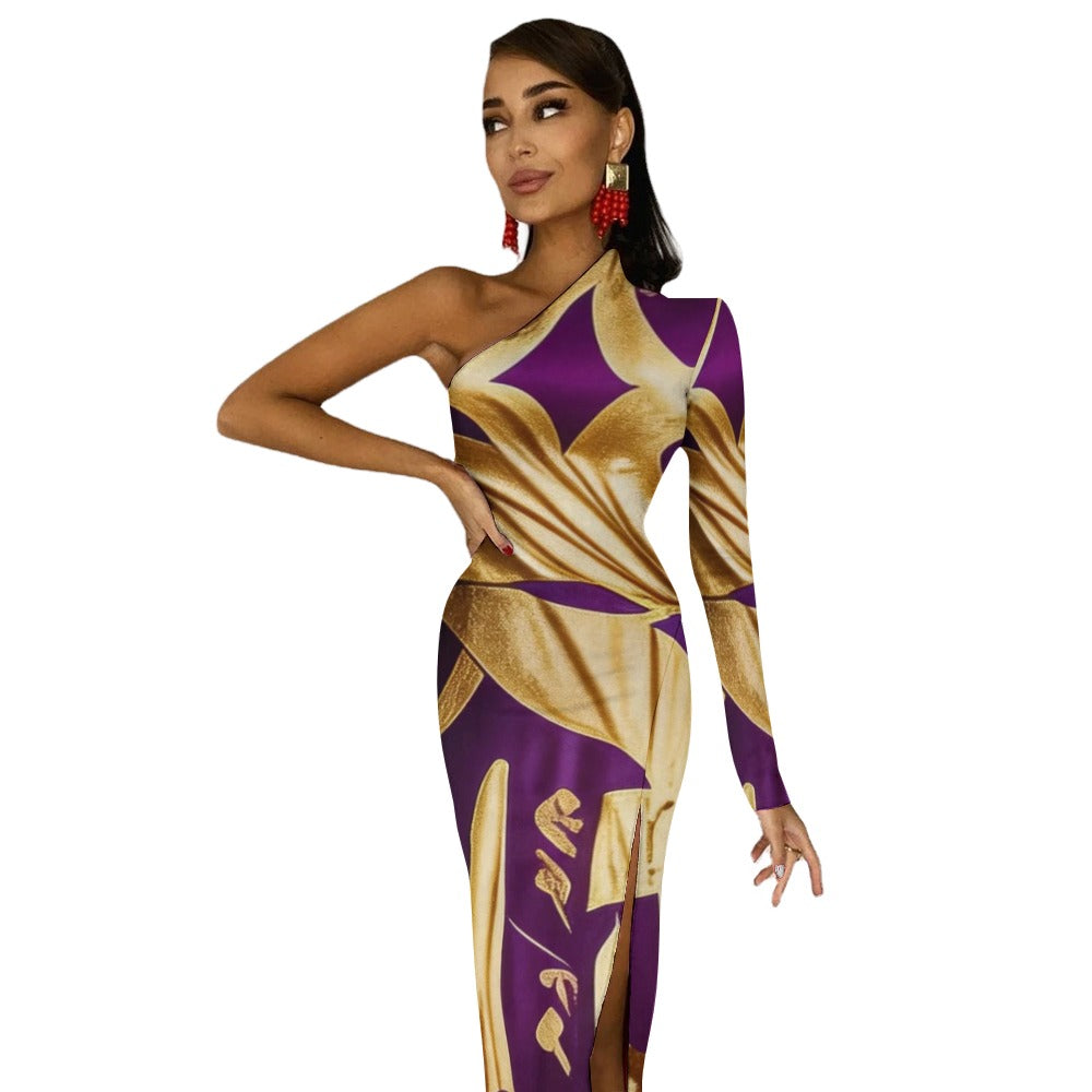 Sexy gold and purple Egyptian designed patterned Half Sleeve Slit Dress Designs By Kiekie