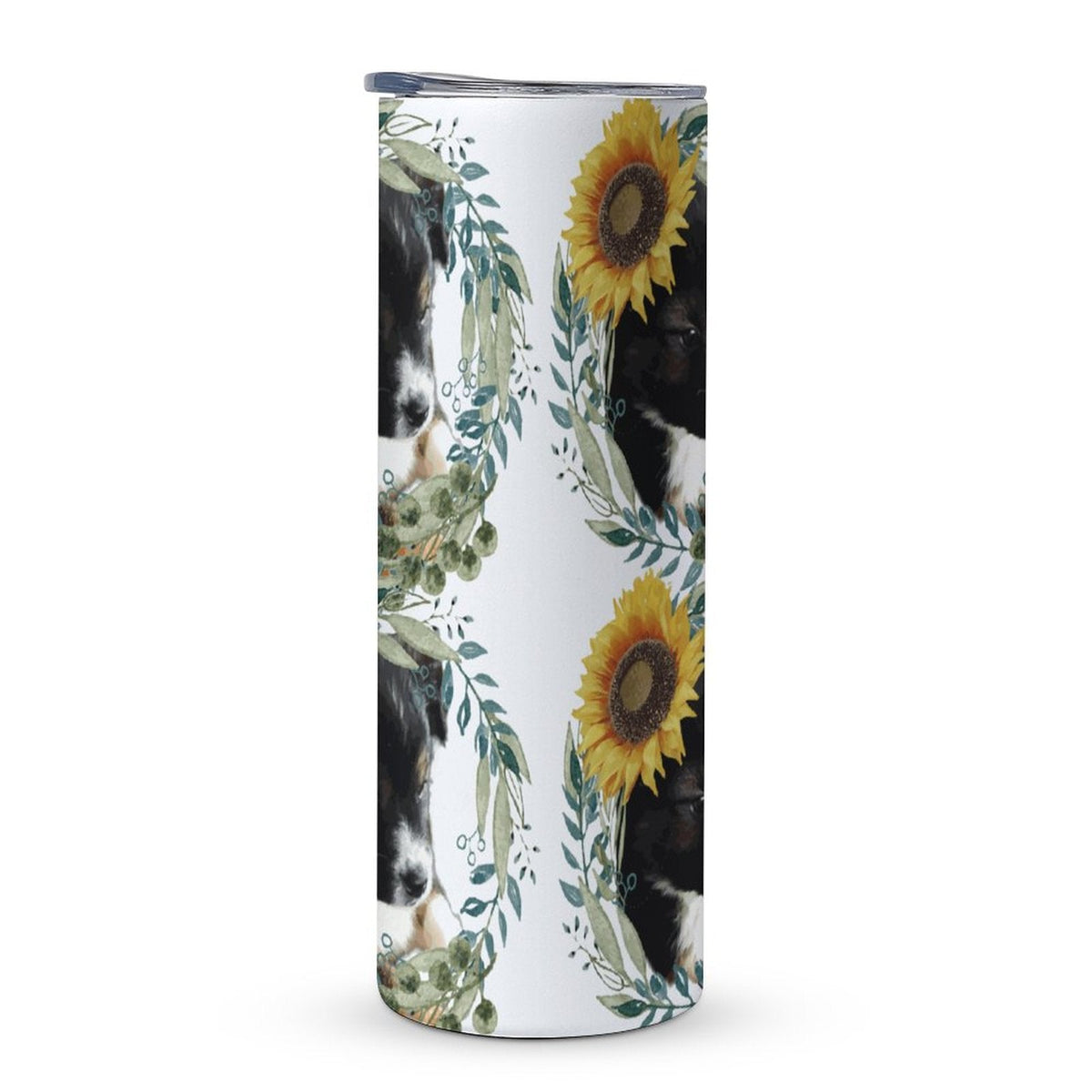 Cute Black Puppy with Sunflower 20oz Large Capacity Tumbler with Lid