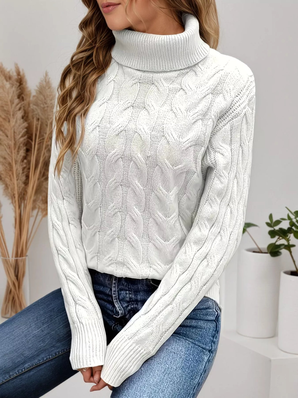 Cable Knit Turtleneck Long Sleeve Sweater