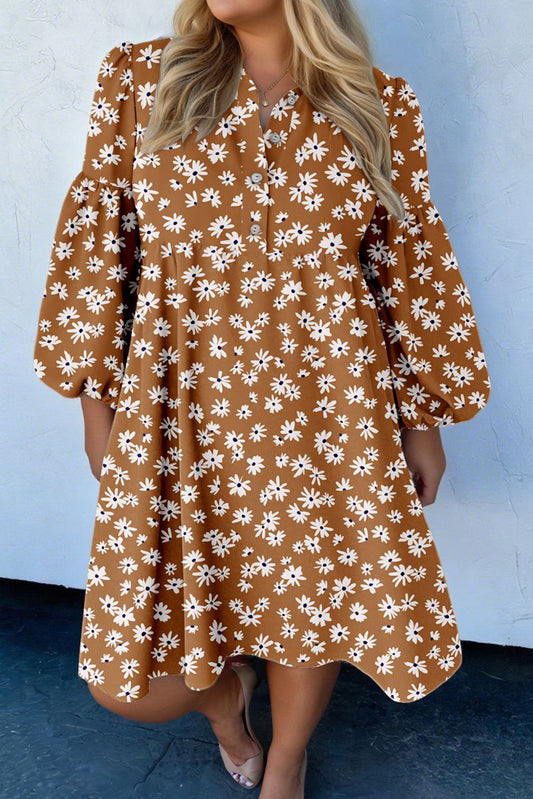 Vestido de Talla Grande con Estampado Floral de Margaritas, Cuello Dividido con Botones y Mangas Abullonadas Color Caqui