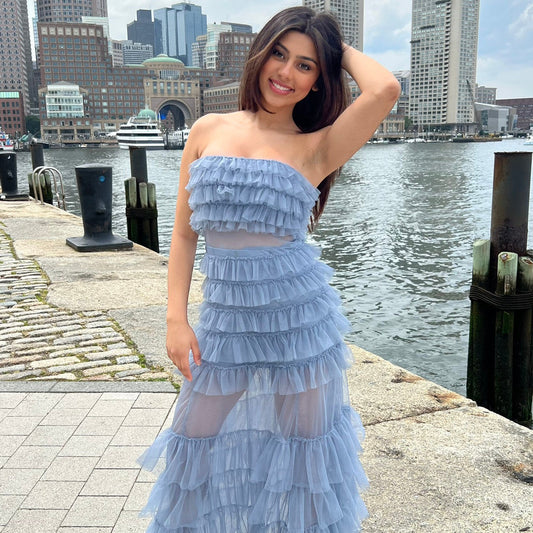 Georgia Maxi Dress - Smoky Blue - Ruffle Tulle Dress With Sheer Detail