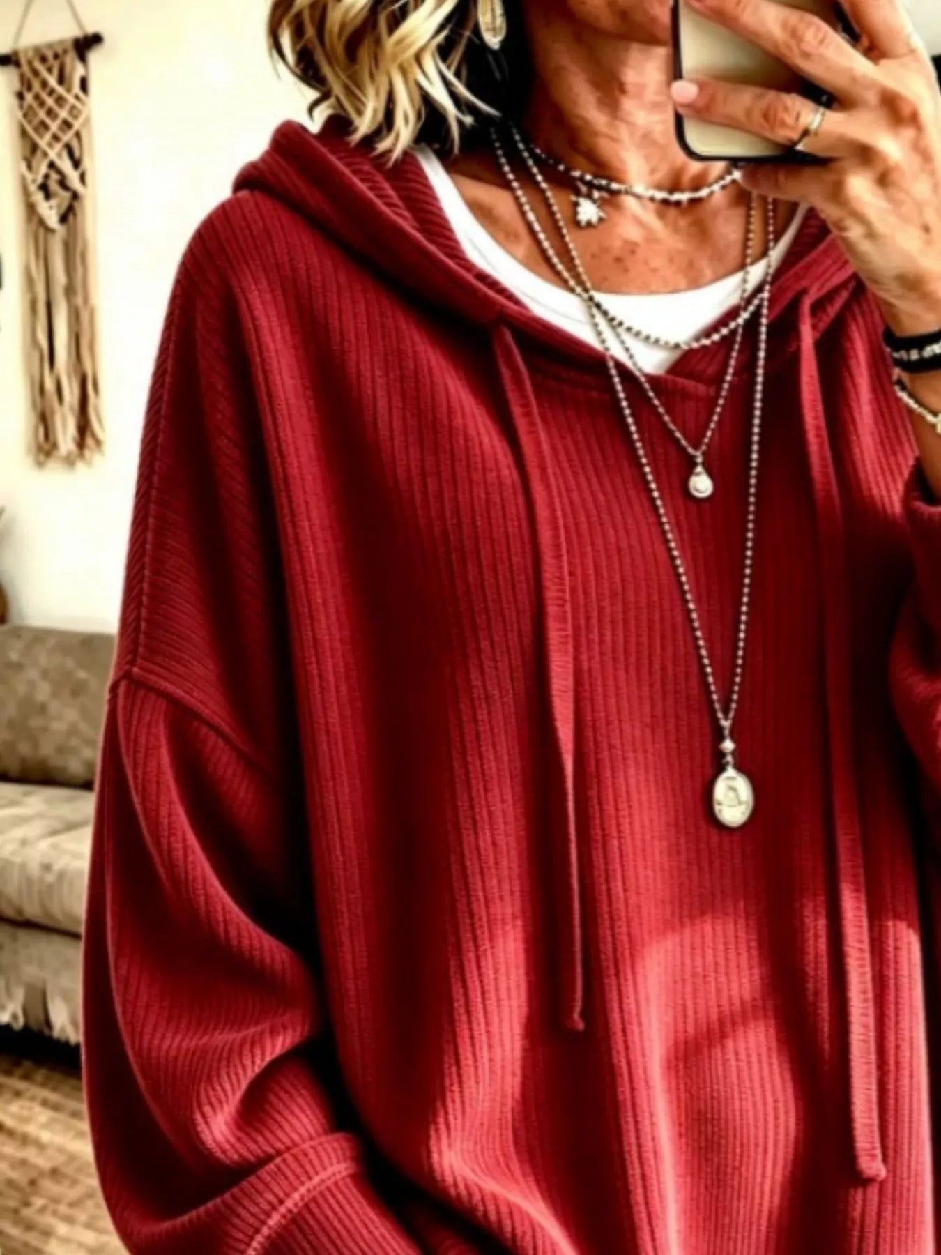 Drawstring Ribbed Knit Hoodie