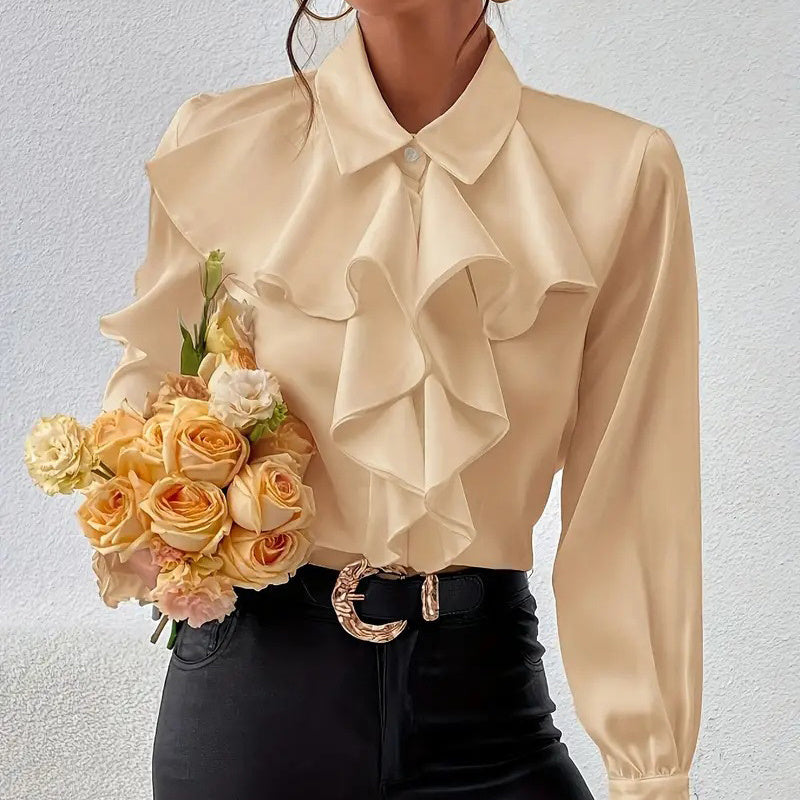 Blusa de mujer con cuello con volantes | Top de trabajo elegante de manga larga