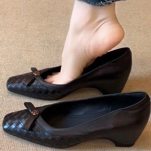 Women Slim Square Toe Inner Height Increase Flats, Slip-on Woven Bow Shallow Mouth Mary Jane Shoes