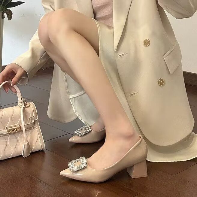 2026 French Elegant Pointed Toe Low Cut Shoes For Women, Rhinestone Square Buckle, Commute Casual Block Heel Pumps