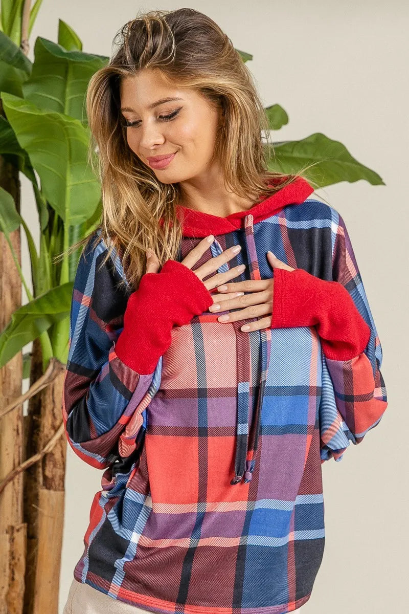 Plaid Mirr Brushed Rib Contrast Thumb Open Hoodie