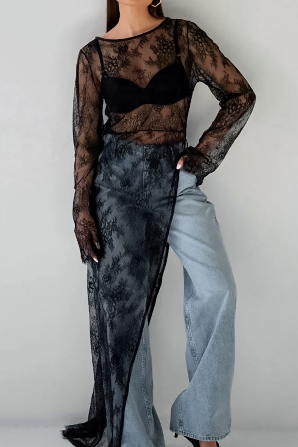 Fringe Round Neck Long Sleeve Lace Sheer Top