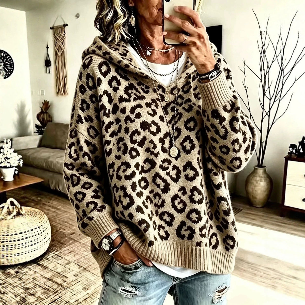 New Fallwinter Womens Leopard-print Hooded Knit Sweatshirt