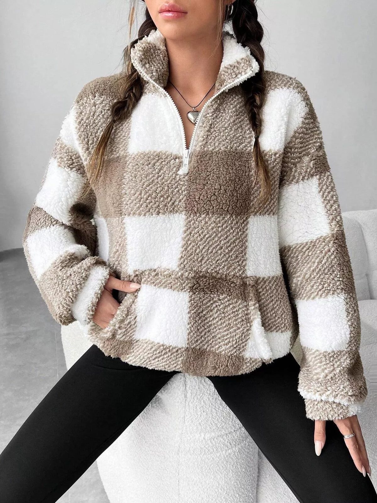 Full Size Plaid Sherpa Long Sleeve Sweatshirt Plus Size