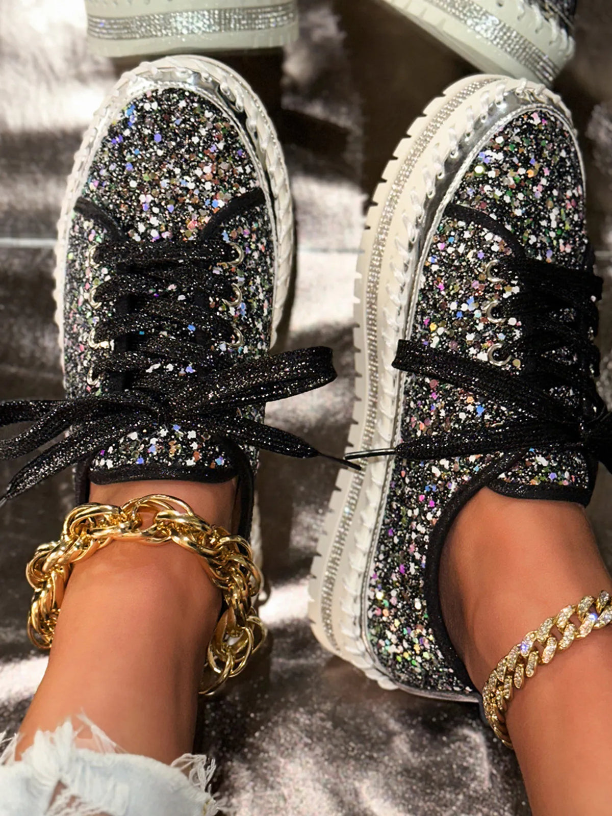 Metallic PU Leather Lace Up Platform Sneakers