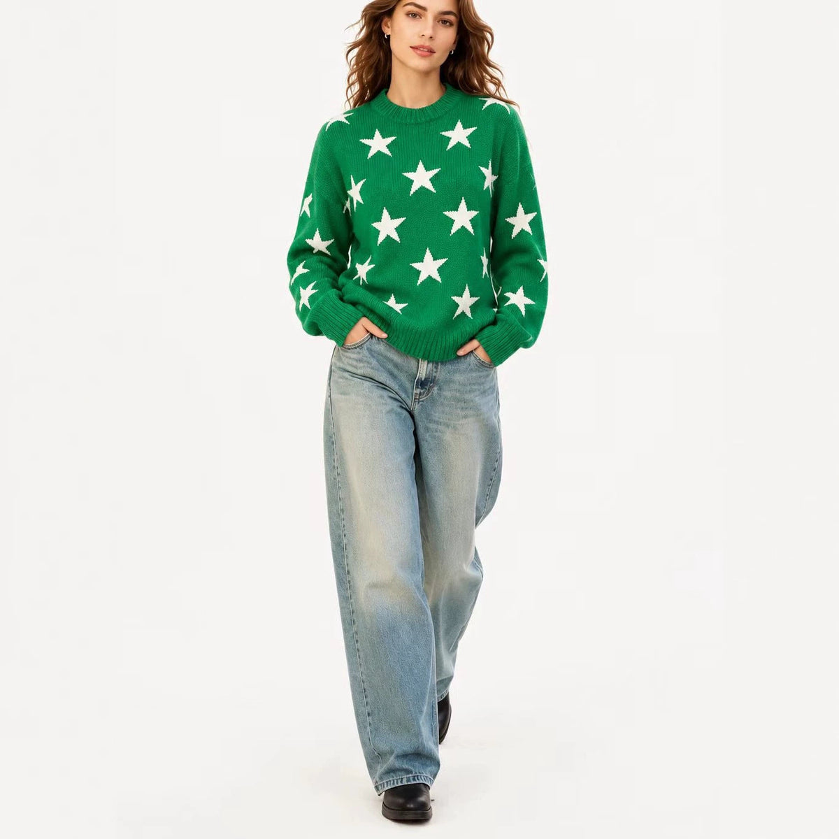 Womens Retro American-Style Star Jacquard Crew-Neck Sweater