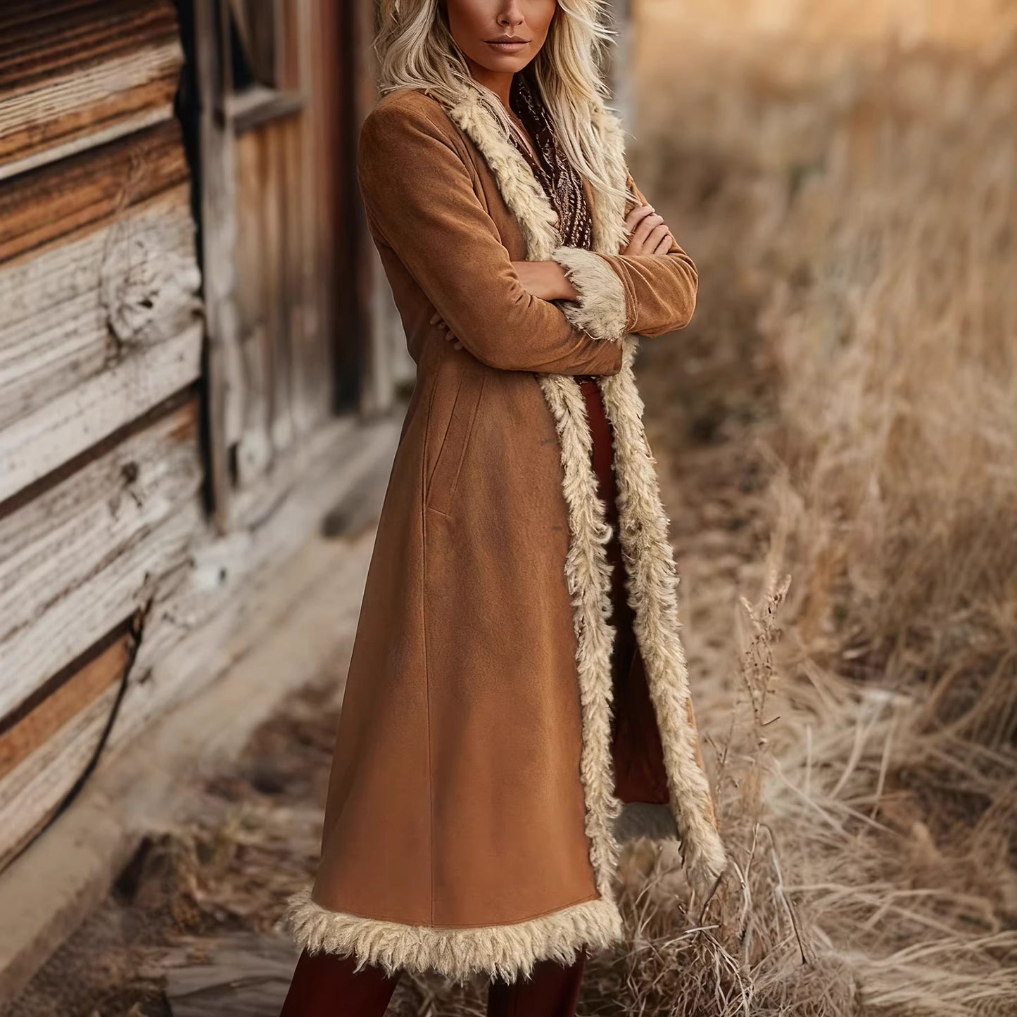Women's Spring And Autumn Fashion Retro Suede Edge Solid Color Long Wind Jacket