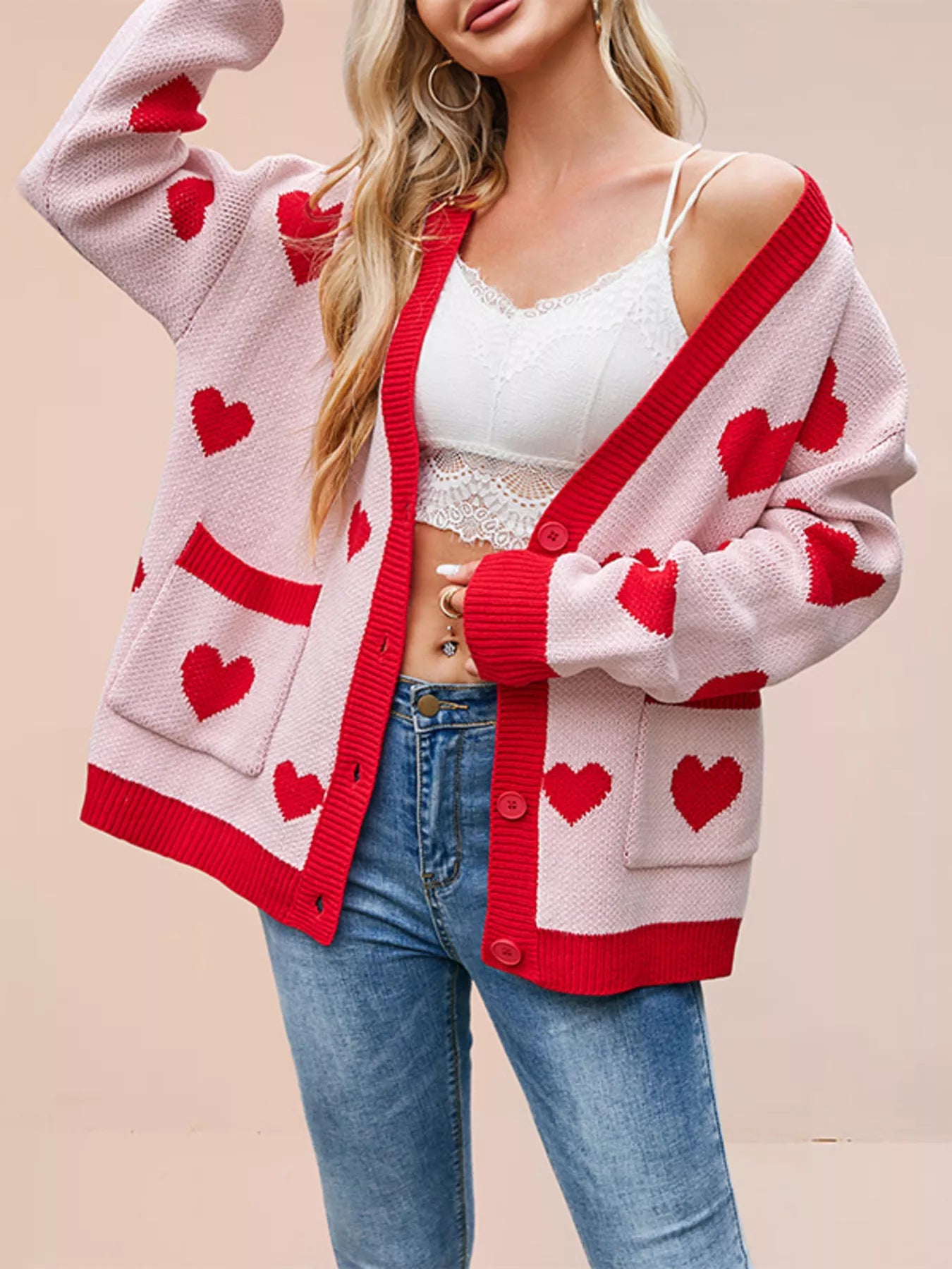 Heart Pattern V-Neck Button-Down Knit Cardigan