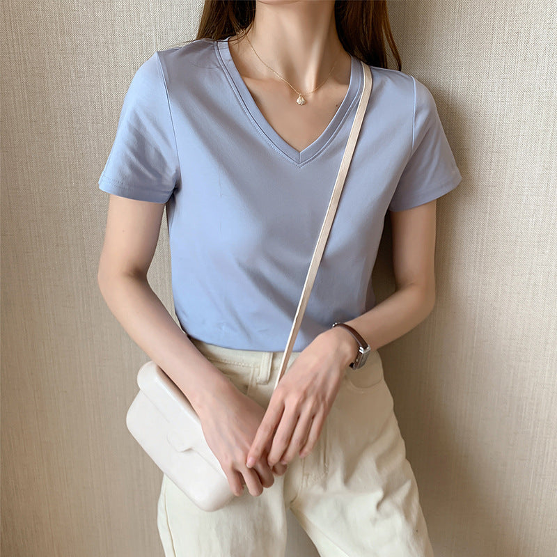 Womens Loose-Fit Round-Neck V-Neck Pure Cotton T-Shirt