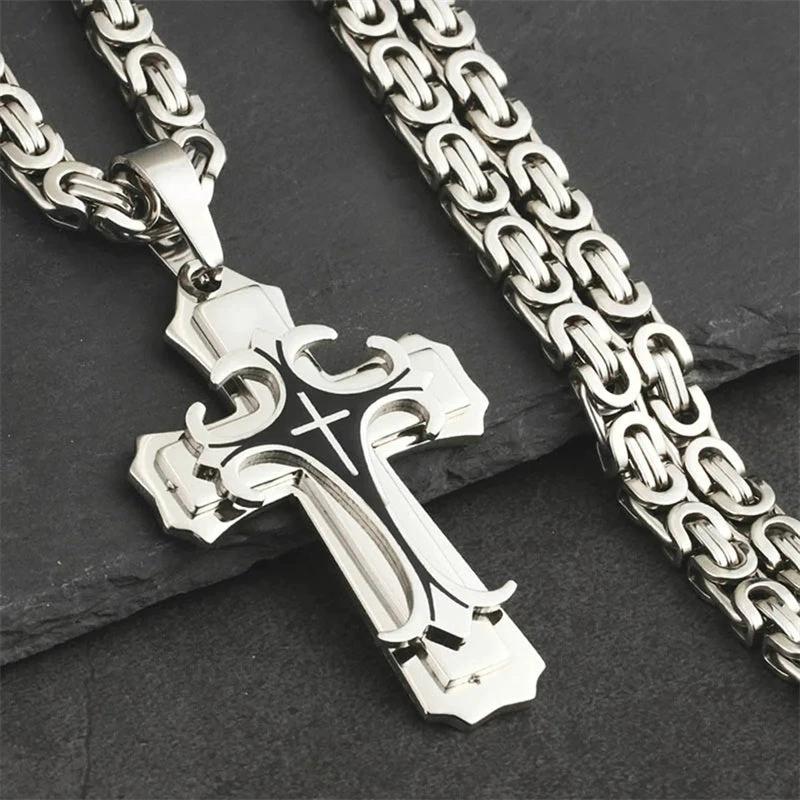Christian Trinity Latin Cross Necklace For Men Stainless Steel Three Layers