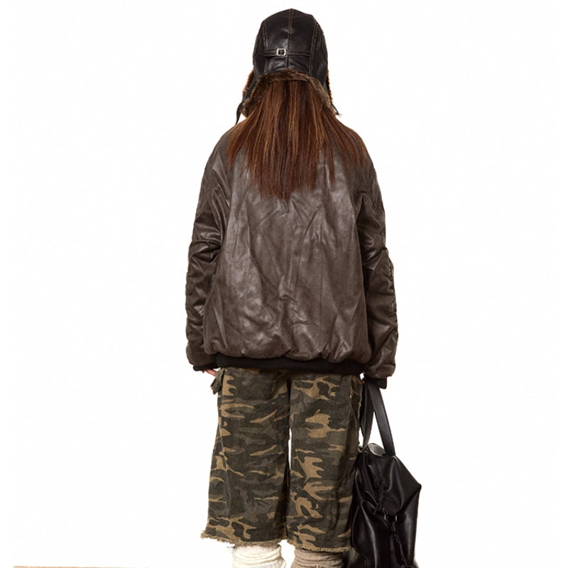 American-style Fake Two-piece Suede Bomber Jacket Cotton-padded Jacket