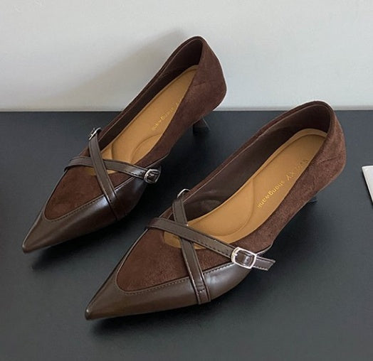 Women French Vintage Pointed Toe Stiletto Heels, Leather Buckle Low Cut Pumps, Gorgeous Cross Strap Fashion Shoes