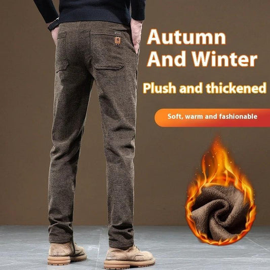 Pantalones gruesos de negocios casuales rectos de corte slim para hombre con forro polar