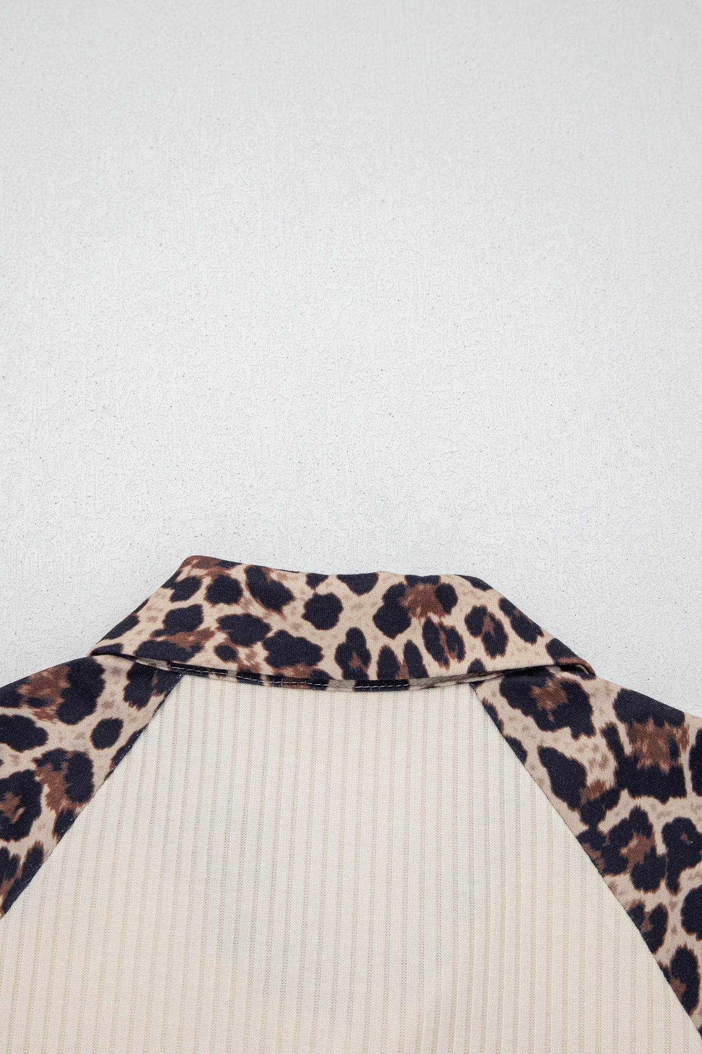 White Ribbed Texture Button Down Leopard Patchwork Short Sleeve Shirt