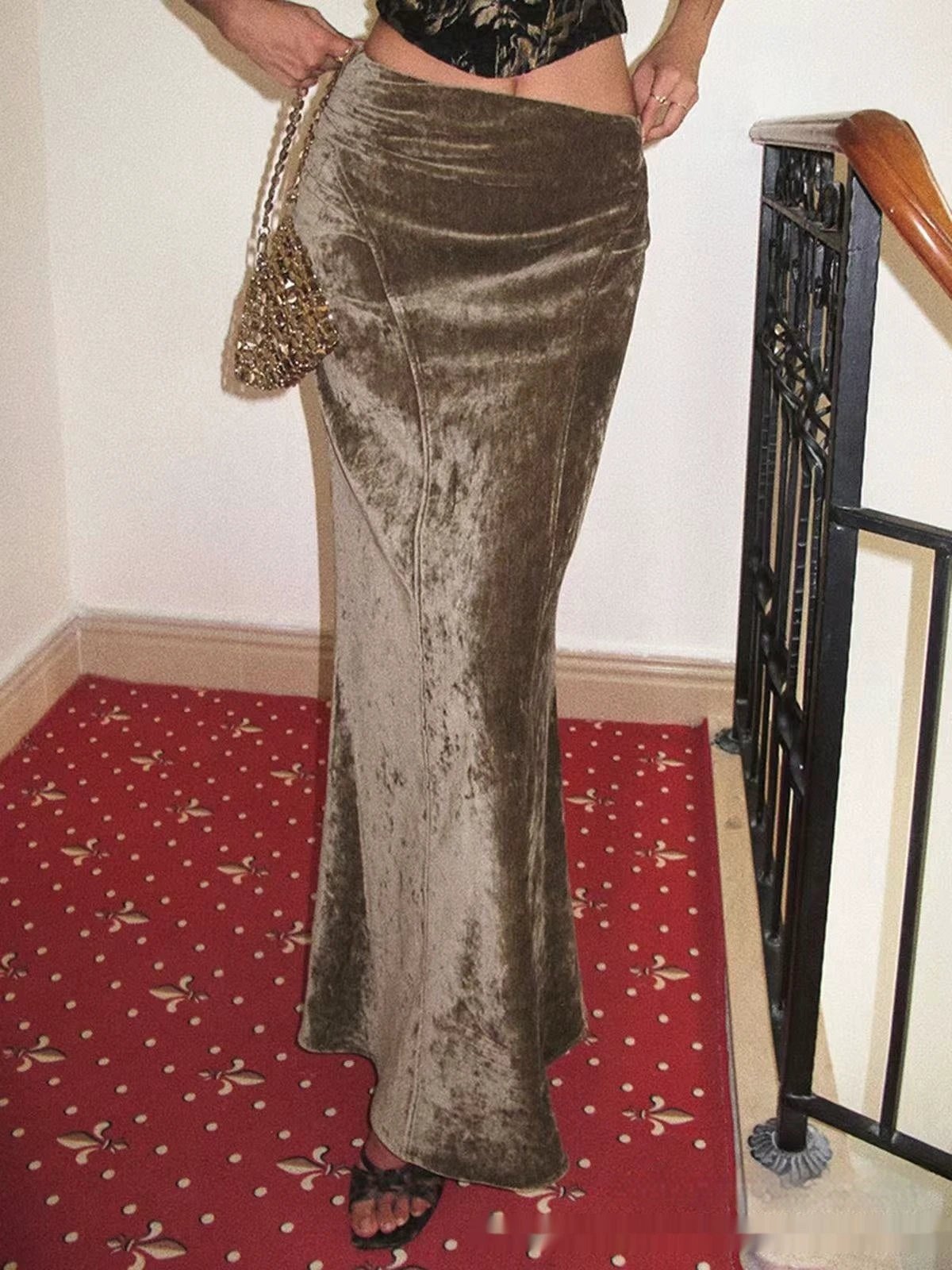 Long European And American Velvet Gloss Diamond Velvet Oblique Cut High Waist Drooping A- Line Temperament Sexy Skirt