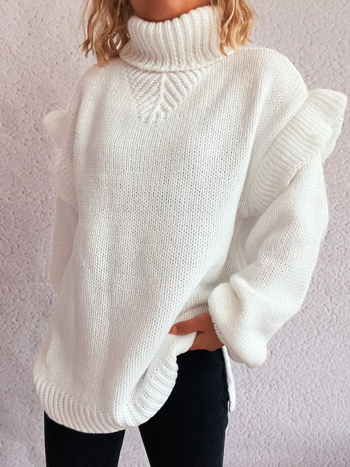 Ruffled Turtleneck Long Sleeve Sweater