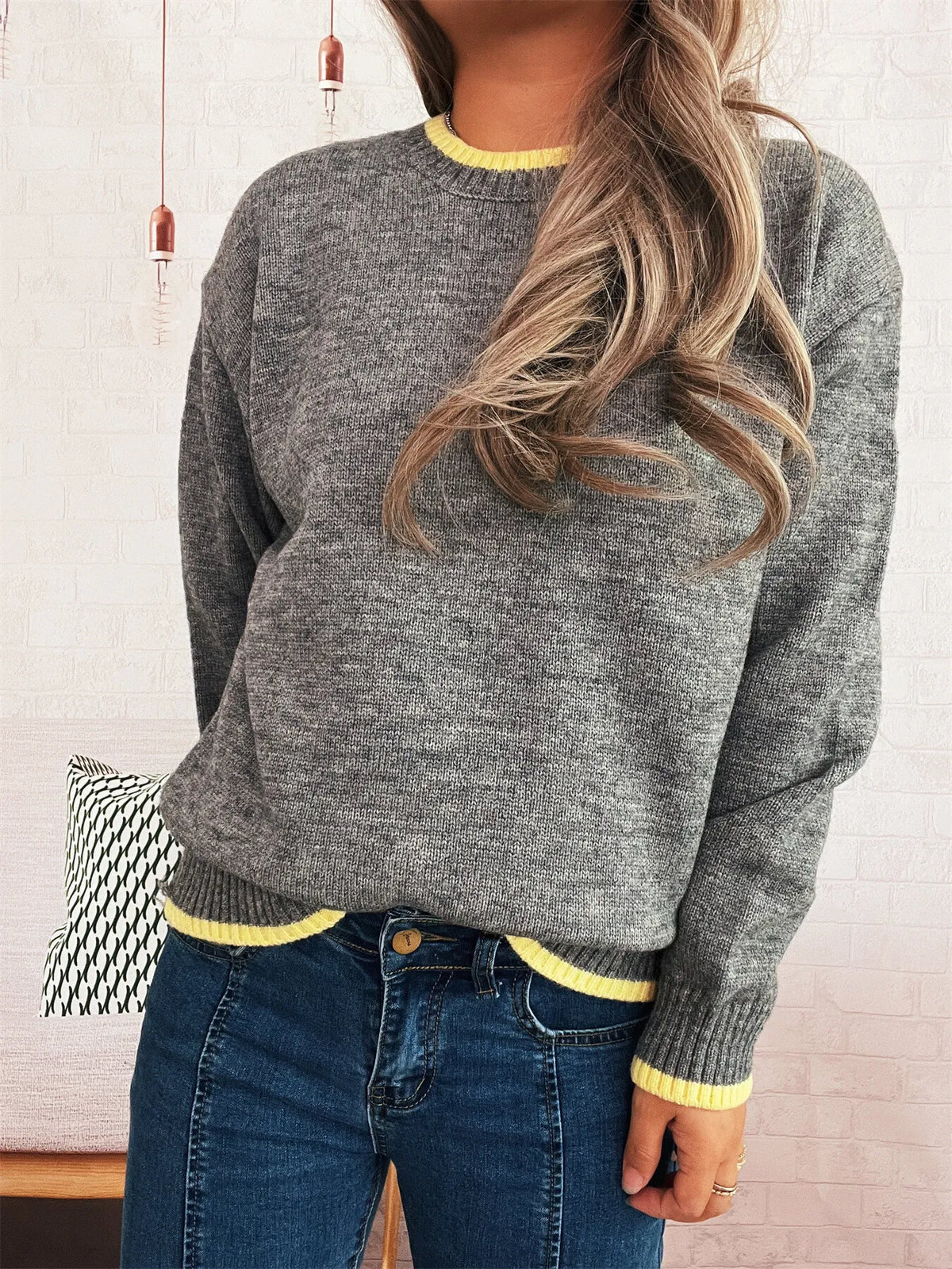 Ribbed Contrast Trim Long Sleeve Sweater