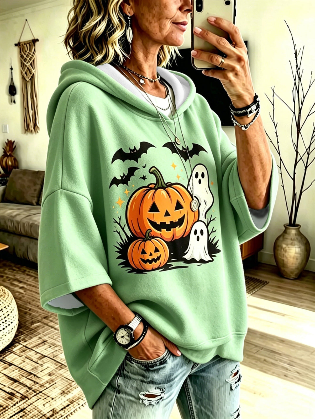 Digital-print Halloween Casual Loose-fit Hooded Sweatshirt