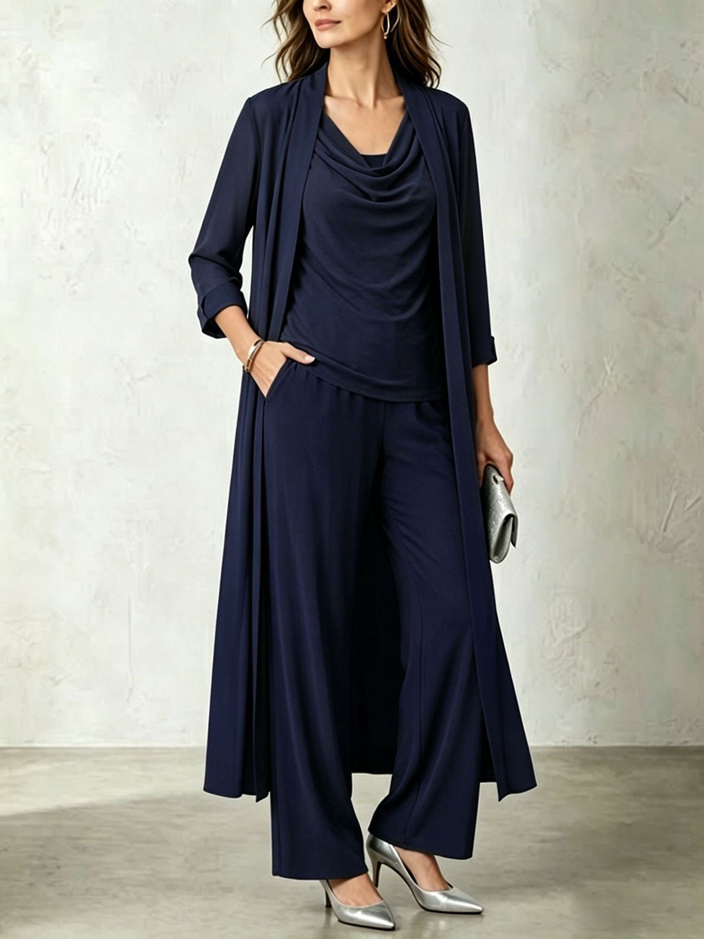 Long Sleeve Swing Collar Cardigan & Wide-Leg Pants Three-Piece Set