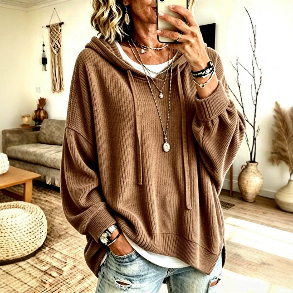 Women Ribbed Knit Drawstring Hoodie, Long Sleeve Drop Shoulder Slit Hem Loose Casual Sweatshirt