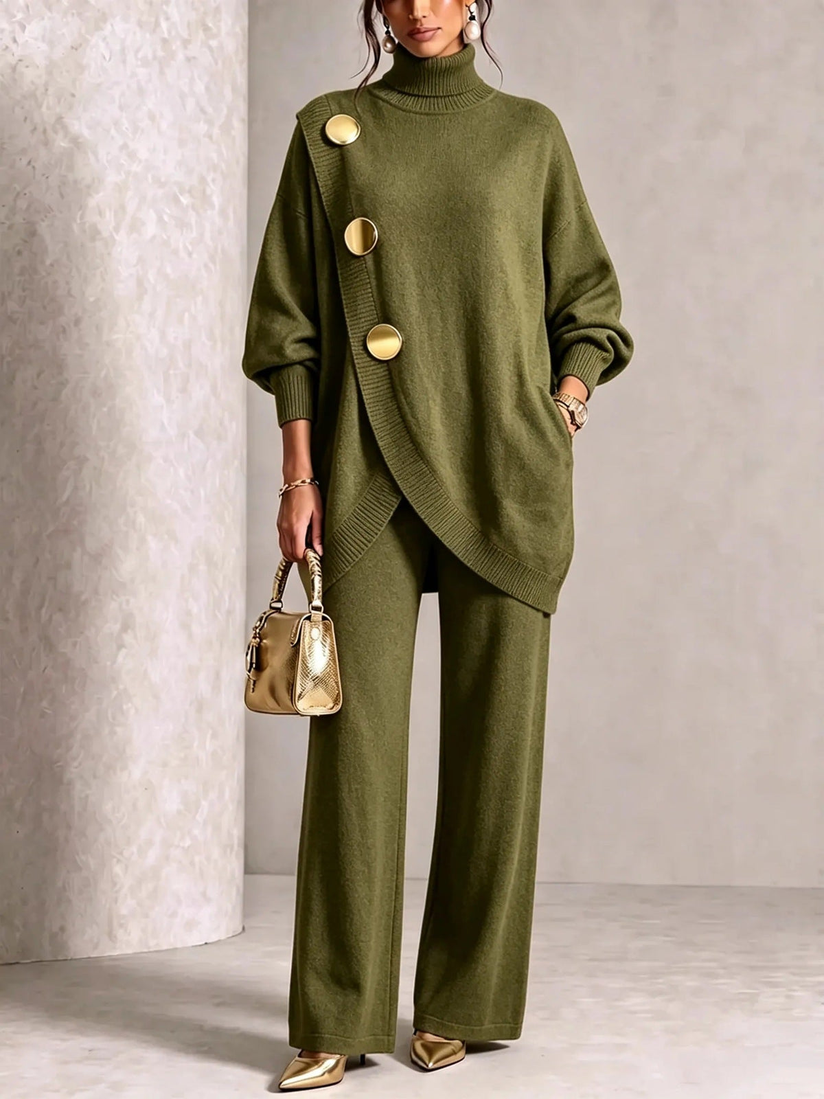Women's Asymmetric High-Neck Sweater & Wide-Leg Pants Set